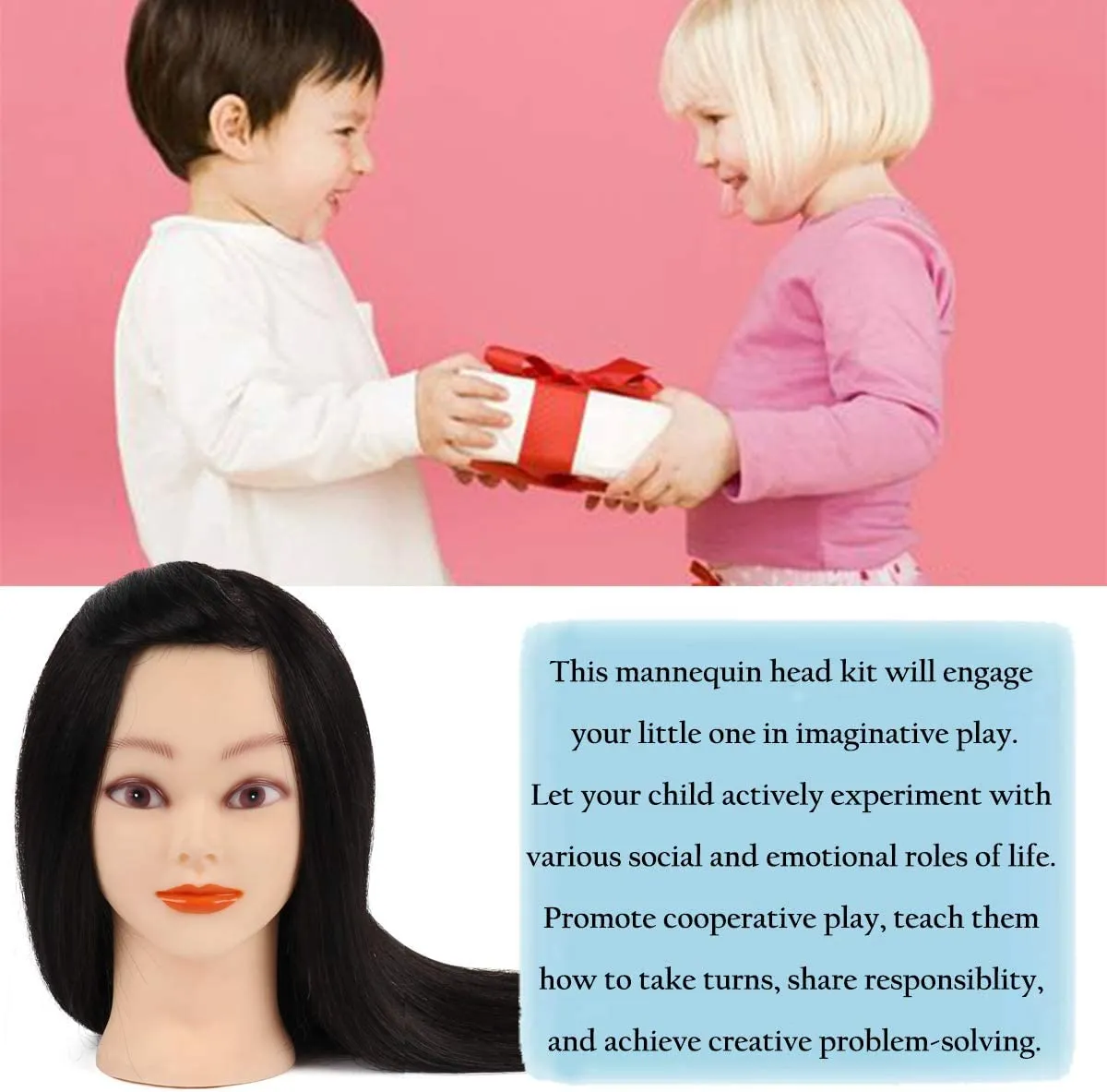 Mannequin Head with 100% Human Hair, TopDirect 18" Black Skin Real Hair Cosmetology Mannequin Head Hair Styling Hairdressing Practice Training Doll Heads with Clamp Holder and Tools