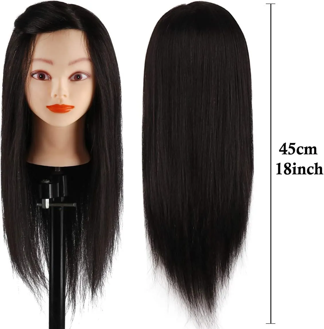 Mannequin Head with 100% Human Hair, TopDirect 18" Black Skin Real Hair Cosmetology Mannequin Head Hair Styling Hairdressing Practice Training Doll Heads with Clamp Holder and Tools