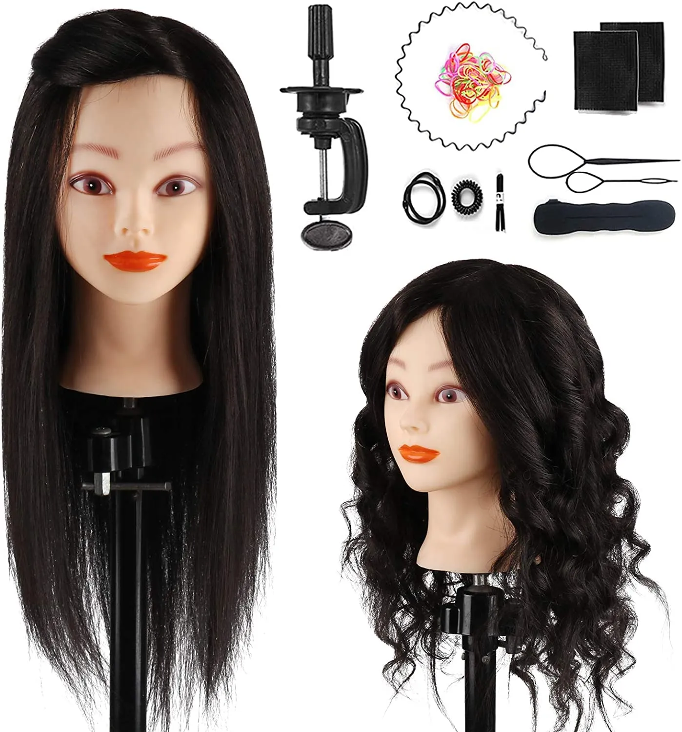 Mannequin Head with 100% Human Hair, TopDirect 18" Black Skin Real Hair Cosmetology Mannequin Head Hair Styling Hairdressing Practice Training Doll Heads with Clamp Holder and Tools