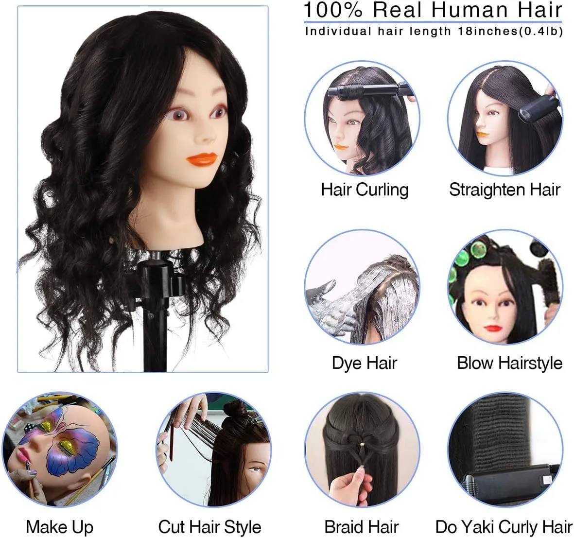 Mannequin Head with 100% Human Hair, TopDirect 18" Black Skin Real Hair Cosmetology Mannequin Head Hair Styling Hairdressing Practice Training Doll Heads with Clamp Holder and Tools