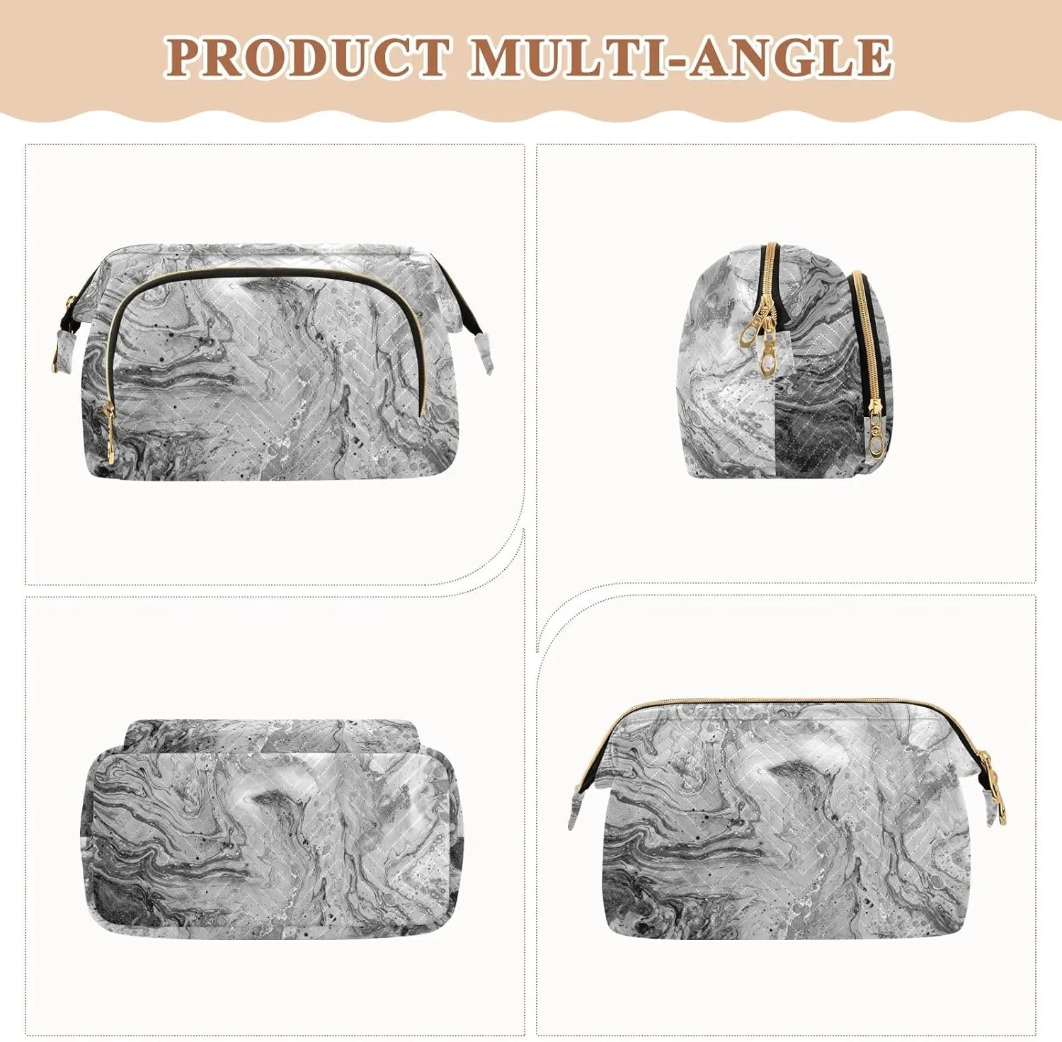 Marble White Grey Black Mixed Acrylic Paint with Golden Powder Women Cosmetic Bag Makeup Bag Stylish Trip Beauty Bag Travel Toiletry Bag with Bottle Organizer 10.2 x 5.9 x 6.7 inch