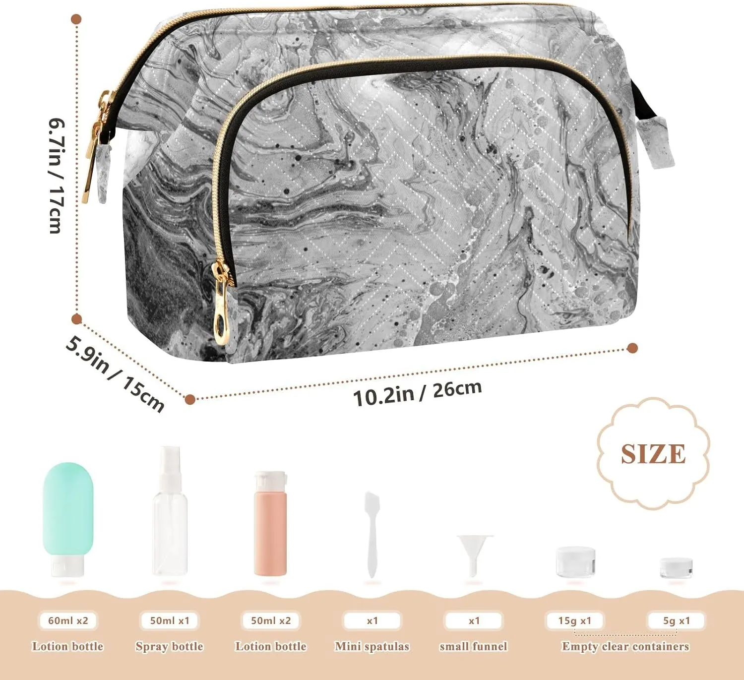 Marble White Grey Black Mixed Acrylic Paint with Golden Powder Women Cosmetic Bag Makeup Bag Stylish Trip Beauty Bag Travel Toiletry Bag with Bottle Organizer 10.2 x 5.9 x 6.7 inch