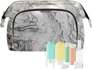 Marble White Grey Black Mixed Acrylic Paint with Golden Powder Women Cosmetic Bag Makeup Bag Stylish Trip Beauty Bag Travel Toiletry Bag with Bottle Organizer 10.2 x 5.9 x 6.7 inch
