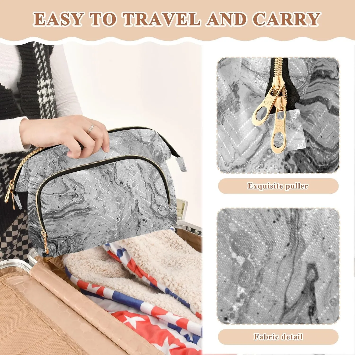 Marble White Grey Black Mixed Acrylic Paint with Golden Powder Women Cosmetic Bag Makeup Bag Stylish Trip Beauty Bag Travel Toiletry Bag with Bottle Organizer 10.2 x 5.9 x 6.7 inch
