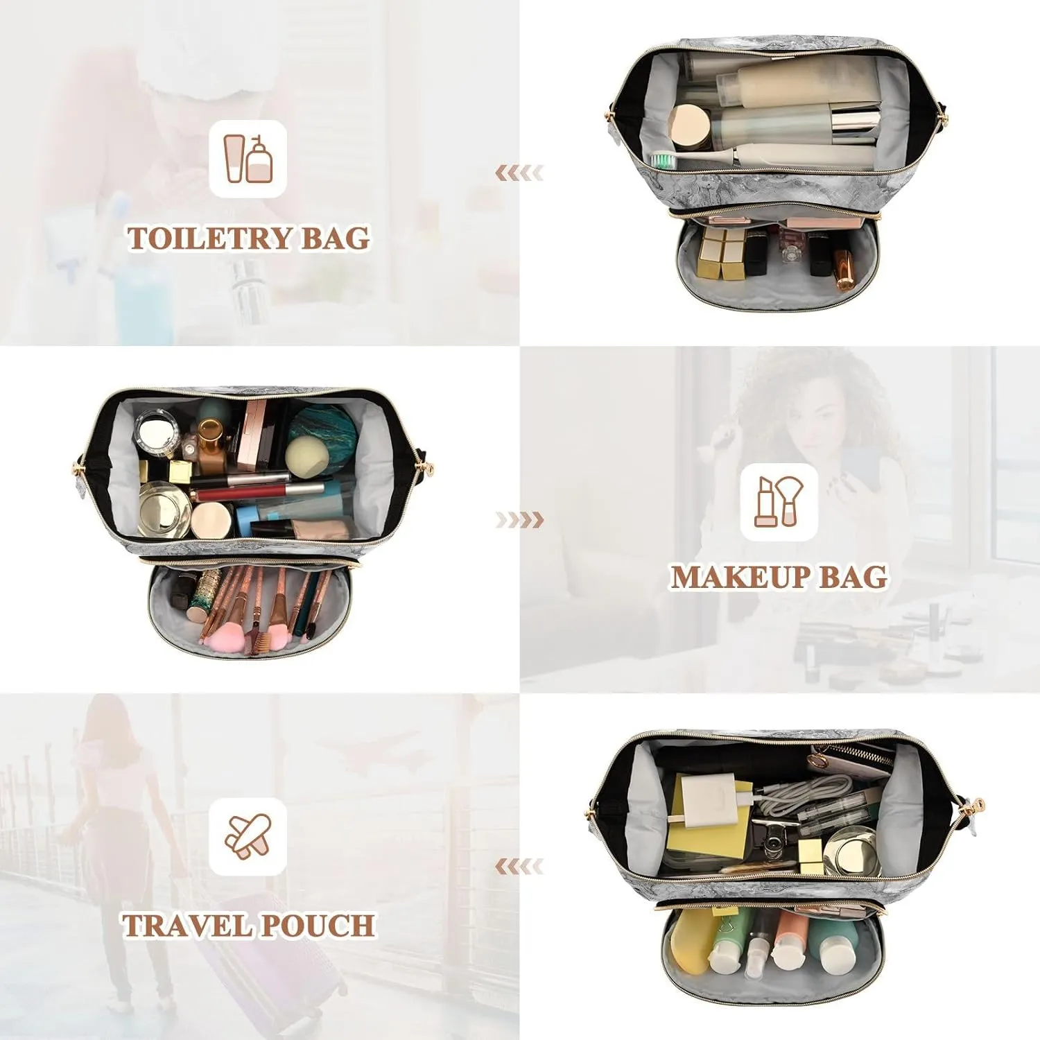 Marble White Grey Black Mixed Acrylic Paint with Golden Powder Women Cosmetic Bag Makeup Bag Stylish Trip Beauty Bag Travel Toiletry Bag with Bottle Organizer 10.2 x 5.9 x 6.7 inch