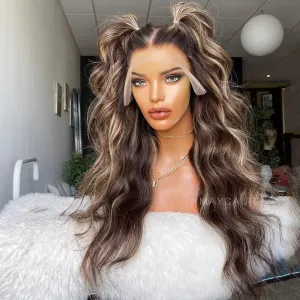 Maycaur Long Curly Lace Front Wigs Brown Blonde Synthetic Lace Front Wigs with Highlights Glueless Wigs for Fashion Women