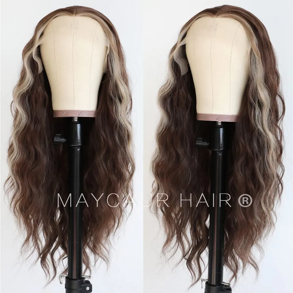 Maycaur Long Curly Lace Front Wigs Brown Blonde Synthetic Lace Front Wigs with Highlights Glueless Wigs for Fashion Women
