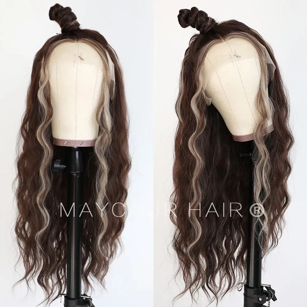 Maycaur Long Curly Lace Front Wigs Brown Blonde Synthetic Lace Front Wigs with Highlights Glueless Wigs for Fashion Women
