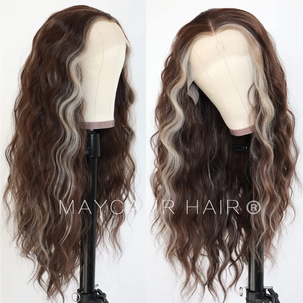 Maycaur Long Curly Lace Front Wigs Brown Blonde Synthetic Lace Front Wigs with Highlights Glueless Wigs for Fashion Women