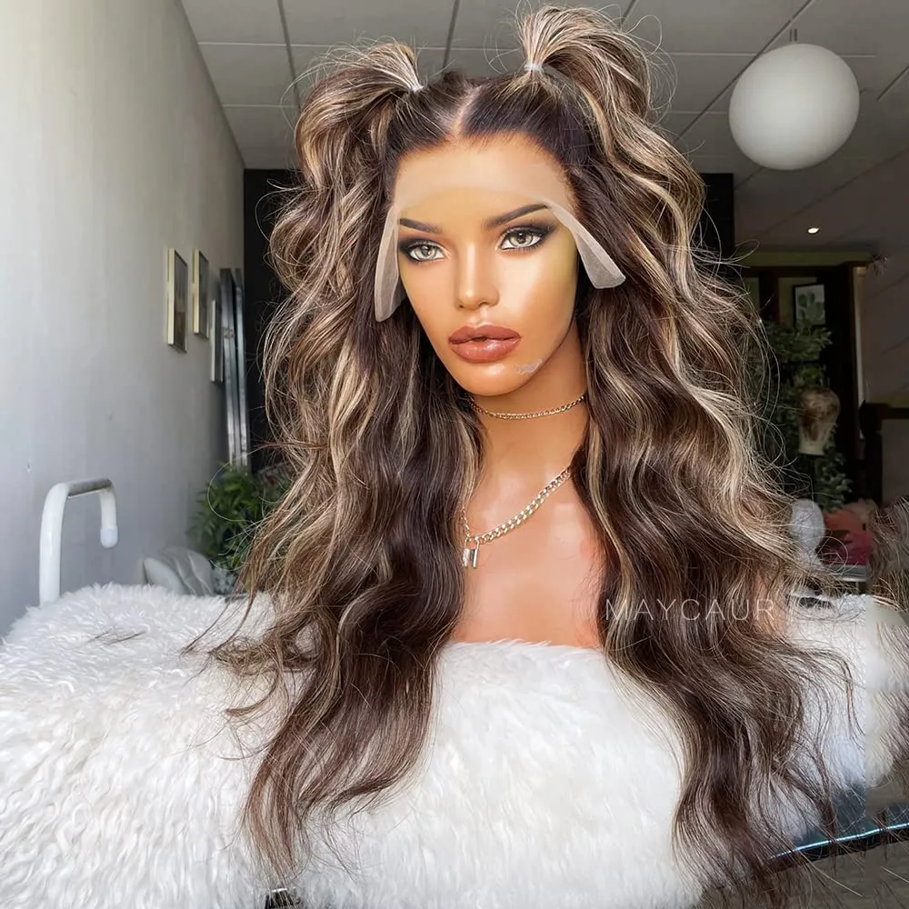 Maycaur Long Curly Lace Front Wigs Brown Blonde Synthetic Lace Front Wigs with Highlights Glueless Wigs for Fashion Women