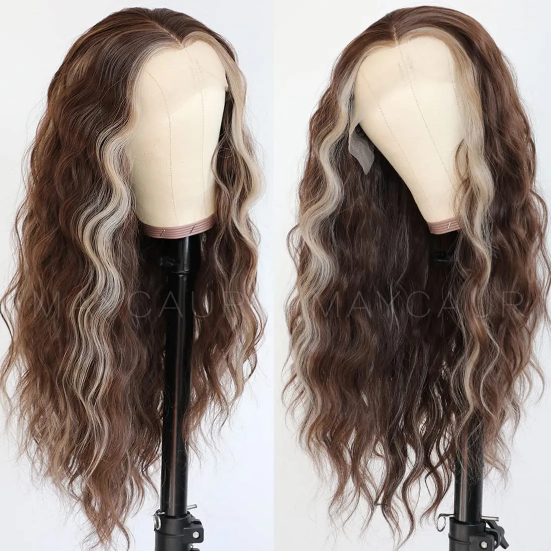 Maycaur Long Curly Lace Front Wigs Brown Blonde Synthetic Lace Front Wigs with Highlights Glueless Wigs for Fashion Women