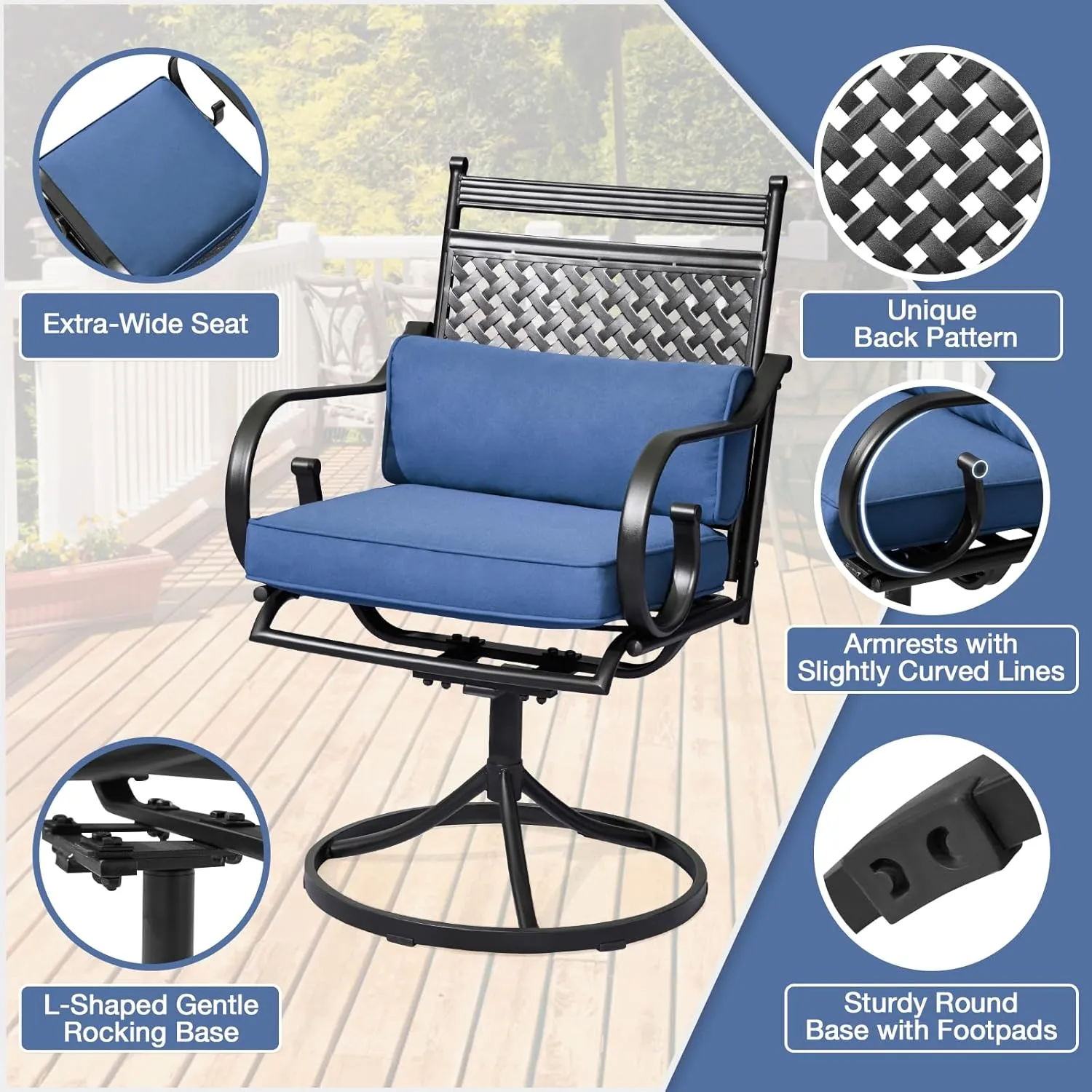 MELLCOM 7-Piece Outdoor Dining Set, 6 Swivel Rocker Chairs with Thick Cushions & Pillows, Rectangular Dining Table with Umbrella Hole, Patio Furniture Set for Porch, Garden, Backyard, Poolside, Blue