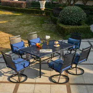 MELLCOM 7-Piece Outdoor Dining Set, 6 Swivel Rocker Chairs with Thick Cushions & Pillows, Rectangular Dining Table with Umbrella Hole, Patio Furniture Set for Porch, Garden, Backyard, Poolside, Blue