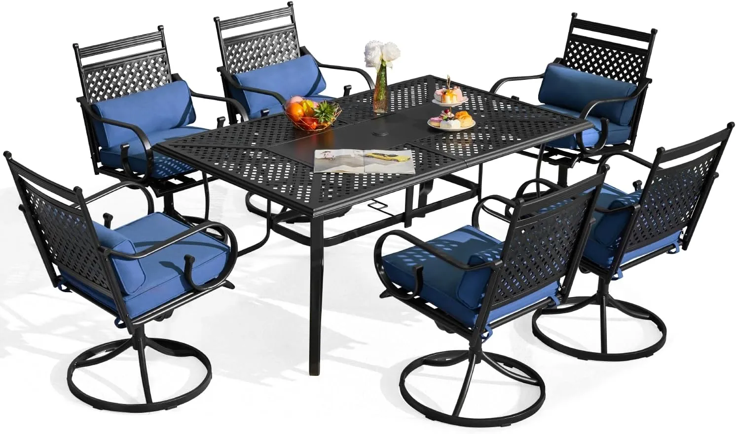 MELLCOM 7-Piece Outdoor Dining Set, 6 Swivel Rocker Chairs with Thick Cushions & Pillows, Rectangular Dining Table with Umbrella Hole, Patio Furniture Set for Porch, Garden, Backyard, Poolside, Blue