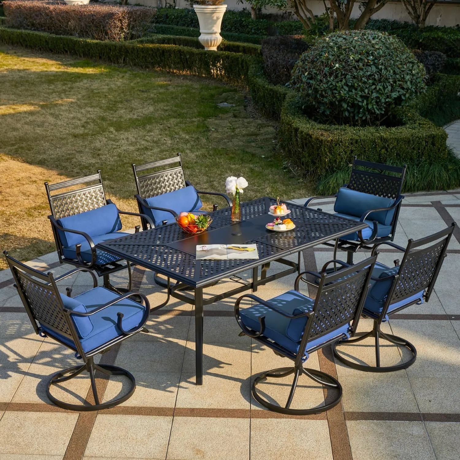 MELLCOM 7-Piece Outdoor Dining Set, 6 Swivel Rocker Chairs with Thick Cushions & Pillows, Rectangular Dining Table with Umbrella Hole, Patio Furniture Set for Porch, Garden, Backyard, Poolside, Blue