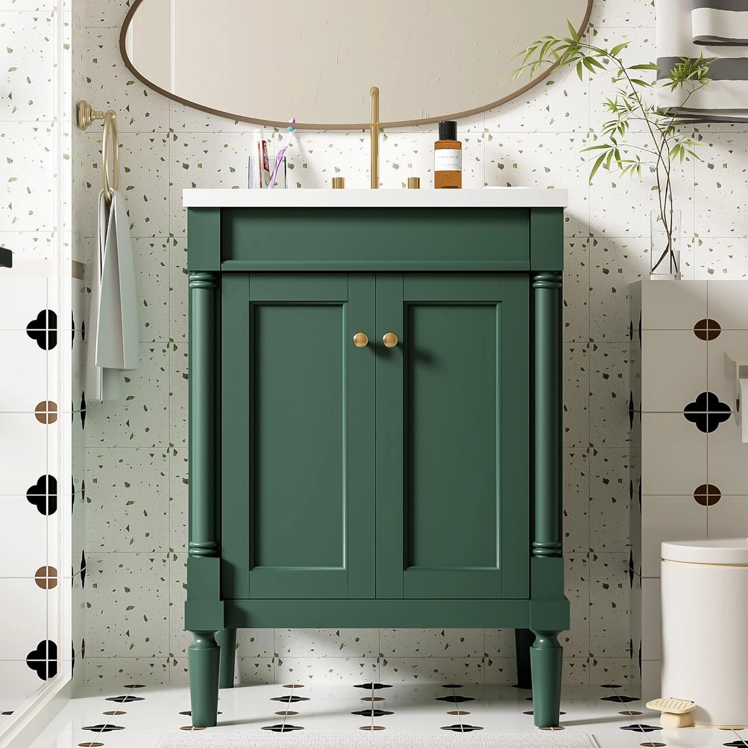 Merax 24” Bathroom Vanity with Sink, Powder Room Small Bathroom Vanity with 2-Door Cabinet, Undermount Sink, Solid Wood Frame Bathroom Storage Cabinet (Vogue Green)