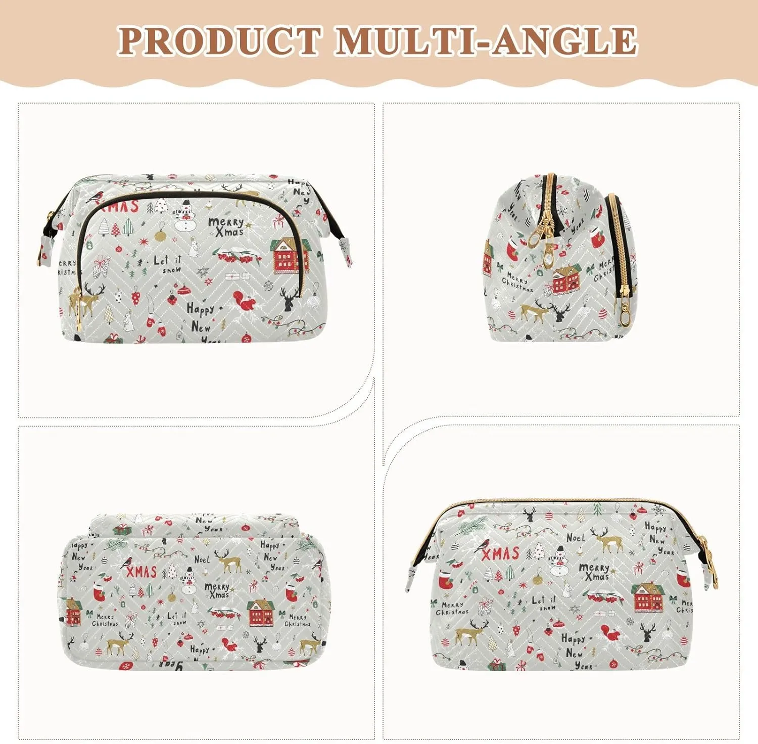 Merry Christmas Cartoon Reindeers Snowman Trees on Grey Women Cosmetic Bag Makeup Bag Stylish Trip Beauty Bag Travel Toiletry Bag with Bottle Organizer 10.2 x 5.9 x 6.7 inch