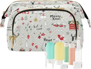Merry Christmas Cartoon Reindeers Snowman Trees on Grey Women Cosmetic Bag Makeup Bag Stylish Trip Beauty Bag Travel Toiletry Bag with Bottle Organizer 10.2 x 5.9 x 6.7 inch
