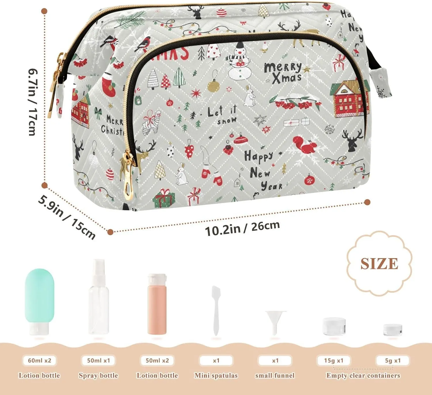 Merry Christmas Cartoon Reindeers Snowman Trees on Grey Women Cosmetic Bag Makeup Bag Stylish Trip Beauty Bag Travel Toiletry Bag with Bottle Organizer 10.2 x 5.9 x 6.7 inch