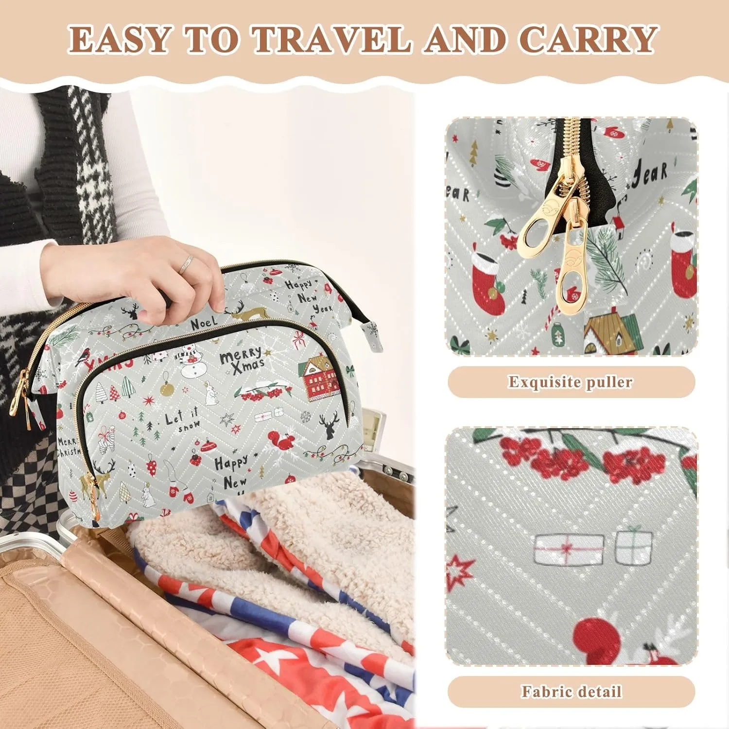 Merry Christmas Cartoon Reindeers Snowman Trees on Grey Women Cosmetic Bag Makeup Bag Stylish Trip Beauty Bag Travel Toiletry Bag with Bottle Organizer 10.2 x 5.9 x 6.7 inch