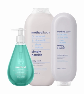 Method Bathroom Set Variety Pack, Simply Nourish Body Wash 18 oz, Simply Nourish Lotion 14 oz, Waterfall Gel Hand Soap 12 oz. 3 CT