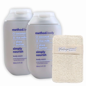 Method Body Wash, Travel Size, Simply Nourish, Coconut, Rice Milk, and Shea Butter, 3.4 Fluid Ounce, Pack of 2, Bundle with Deep Cleaning Loofa Sponge