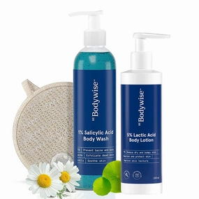 Metrol Be Bodywise 1% Salicylic Acid Bodywash 375 mL with Loofah & 5% Lactic Acid Lotion 200 mL for Women | Helps to Prevent Body Acne, Cleanses Skin & Nourishes Skin | Paraben and SLS Free