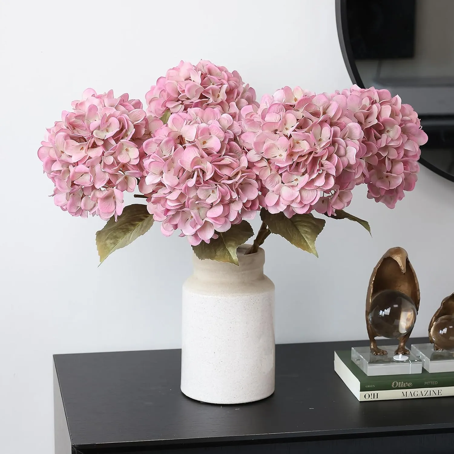mizii 4Pcs Blush Artificial Hydrangea Flowers Large Fake Silk Hydrangea Flower with Leaves Stems Realistic Faux Hydrangeas Decorations for Wedding Table Centerpieces Vase Home Decor (Blush)