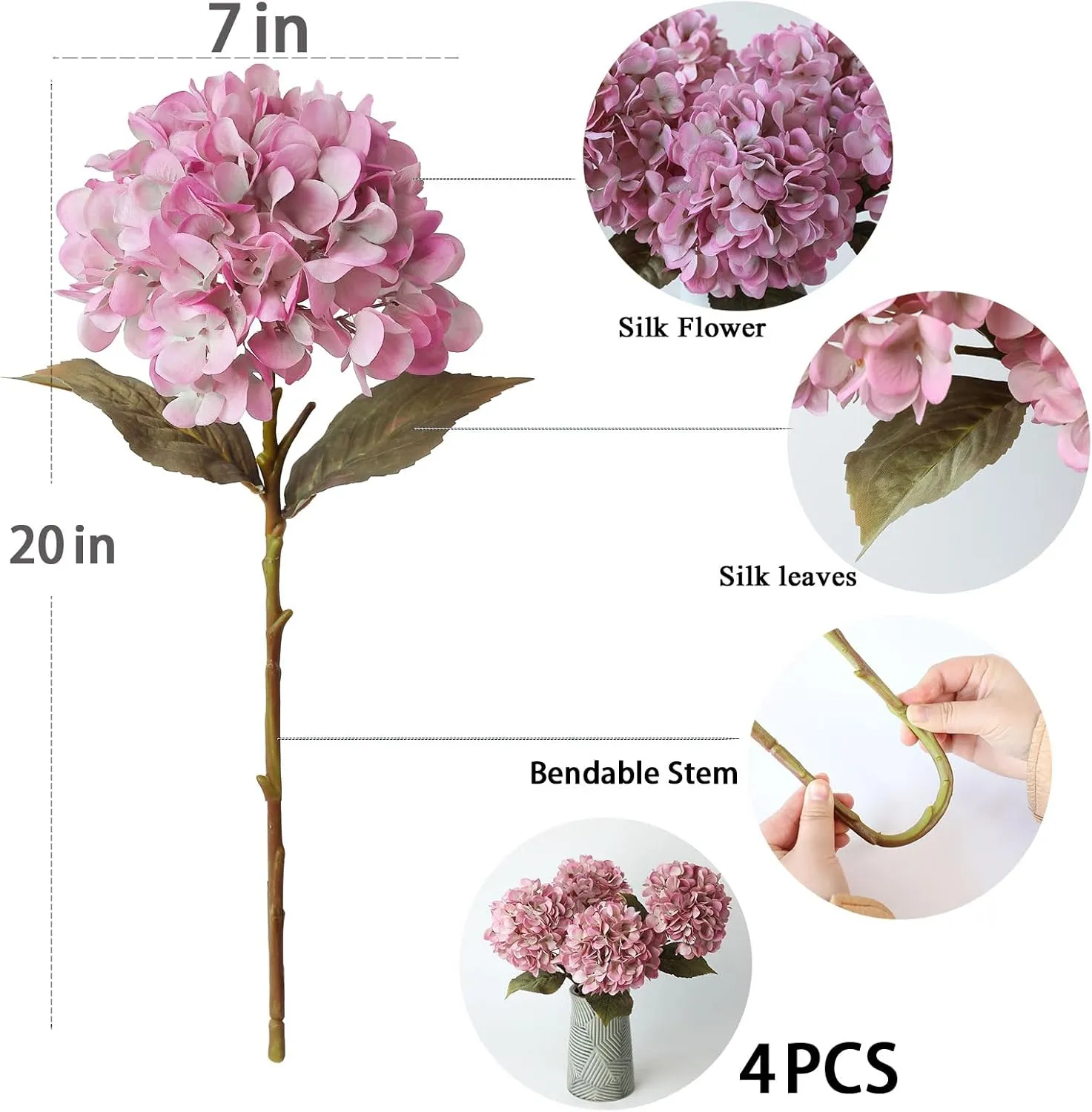 mizii 4Pcs Blush Artificial Hydrangea Flowers Large Fake Silk Hydrangea Flower with Leaves Stems Realistic Faux Hydrangeas Decorations for Wedding Table Centerpieces Vase Home Decor (Blush)
