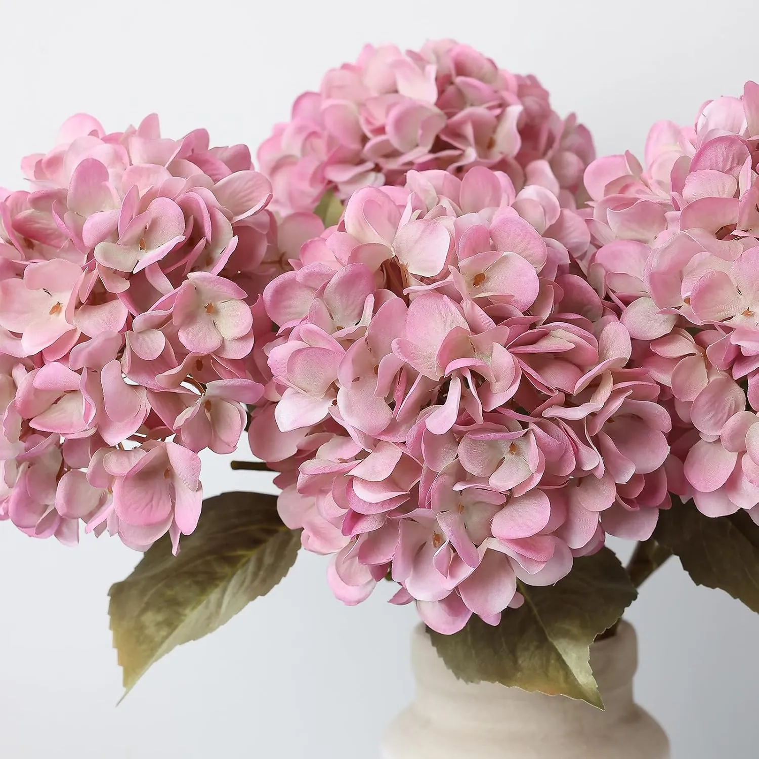 mizii 4Pcs Blush Artificial Hydrangea Flowers Large Fake Silk Hydrangea Flower with Leaves Stems Realistic Faux Hydrangeas Decorations for Wedding Table Centerpieces Vase Home Decor (Blush)