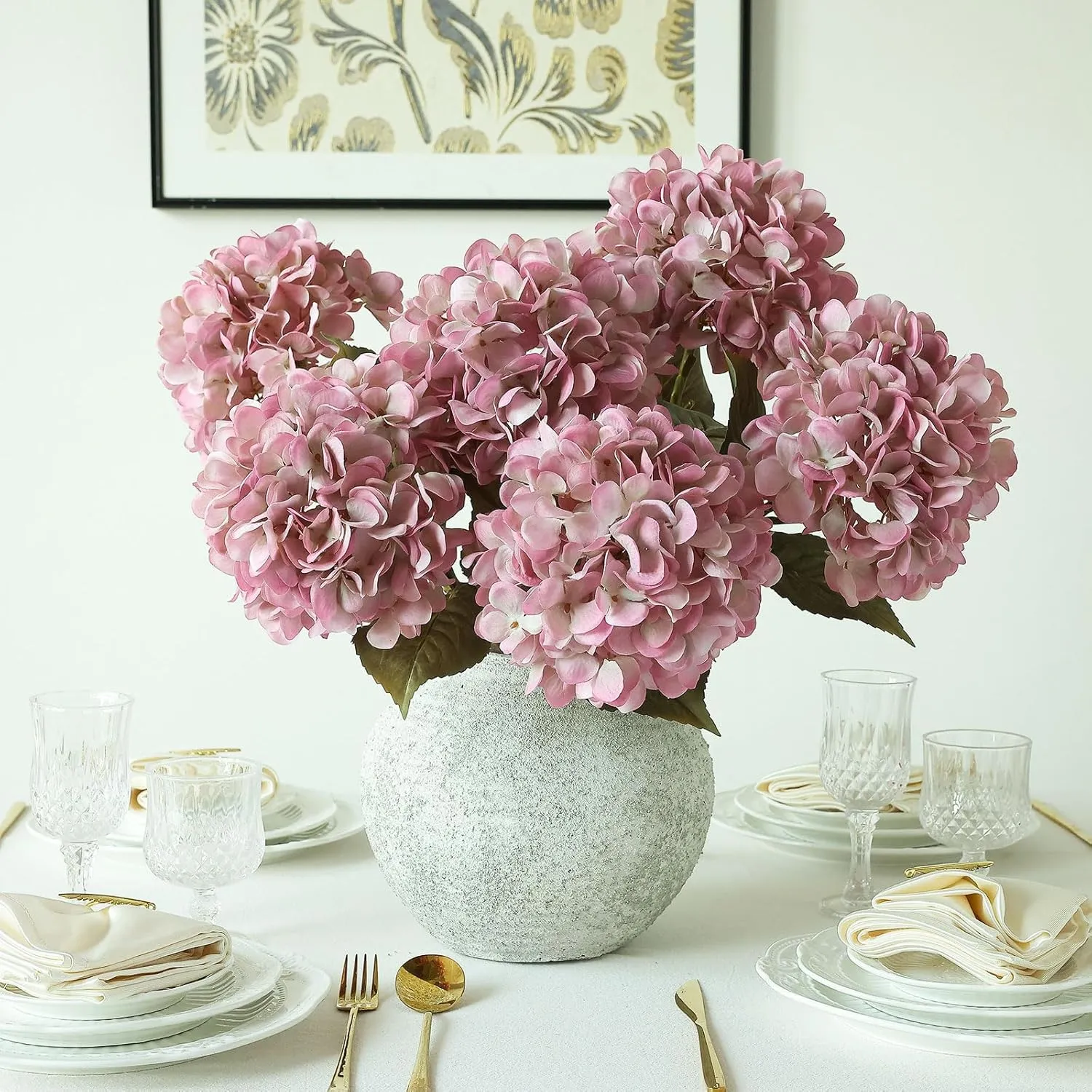 mizii 4Pcs Blush Artificial Hydrangea Flowers Large Fake Silk Hydrangea Flower with Leaves Stems Realistic Faux Hydrangeas Decorations for Wedding Table Centerpieces Vase Home Decor (Blush)