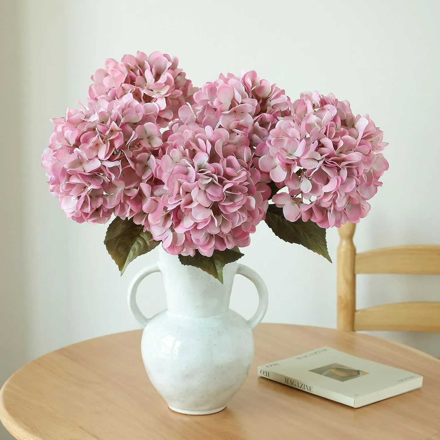 mizii 4Pcs Blush Artificial Hydrangea Flowers Large Fake Silk Hydrangea Flower with Leaves Stems Realistic Faux Hydrangeas Decorations for Wedding Table Centerpieces Vase Home Decor (Blush)
