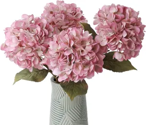mizii 4Pcs Blush Artificial Hydrangea Flowers Large Fake Silk Hydrangea Flower with Leaves Stems Realistic Faux Hydrangeas Decorations for Wedding Table Centerpieces Vase Home Decor (Blush)