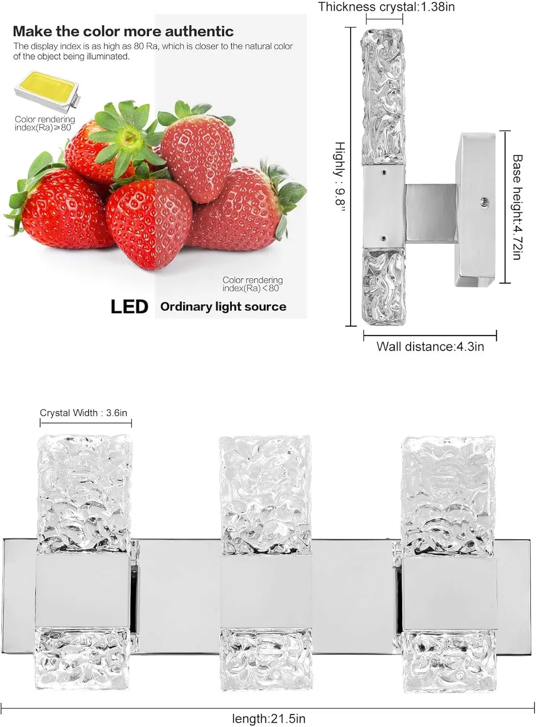 Modern LED Bathroom Vanity Light Fixtures Chrome Stainless Steel 3 Light Wall Sconces for Bathroom Lighting Fuxture Over Mirror 21.5Inch 30w LED Crystal Wall Light Cool White 5800k