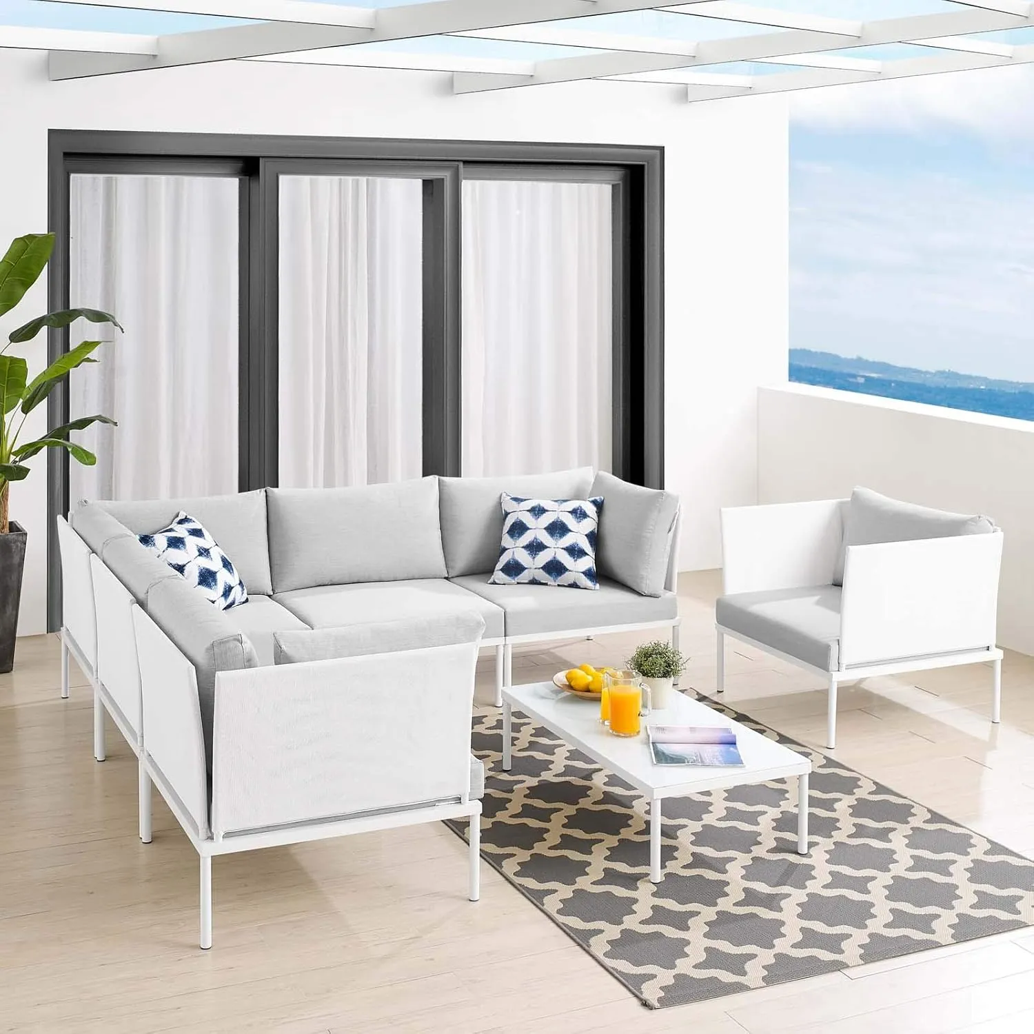 Modway EEI-4936-WHI-GRY-SET Harmony Sunbrella White Gray Outdoor Patio Aluminum Sectional Sofa, 7-Piece Set