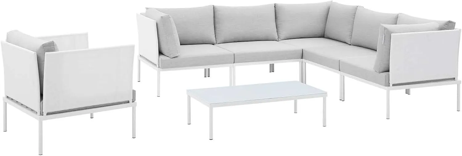 Modway EEI-4936-WHI-GRY-SET Harmony Sunbrella White Gray Outdoor Patio Aluminum Sectional Sofa, 7-Piece Set