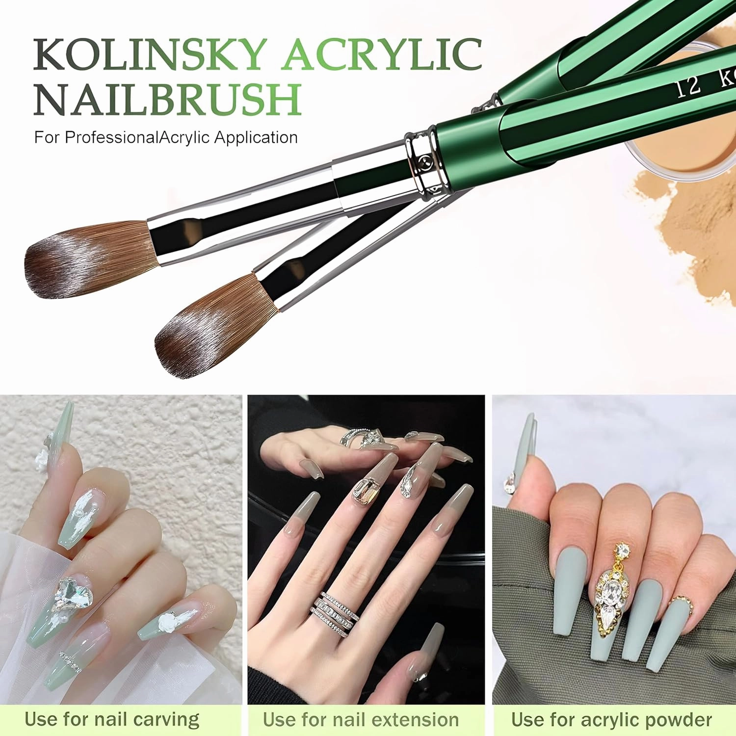 MOND'SUB Acrylic Nail Brush Size 18,100% Pure Kolinsky Nail Art Brushes for Acrylic Application, Green Metal Sturdy Handle Oval Shaped Acrylic Powder Nail Design Tools for Professional Manicure DIY