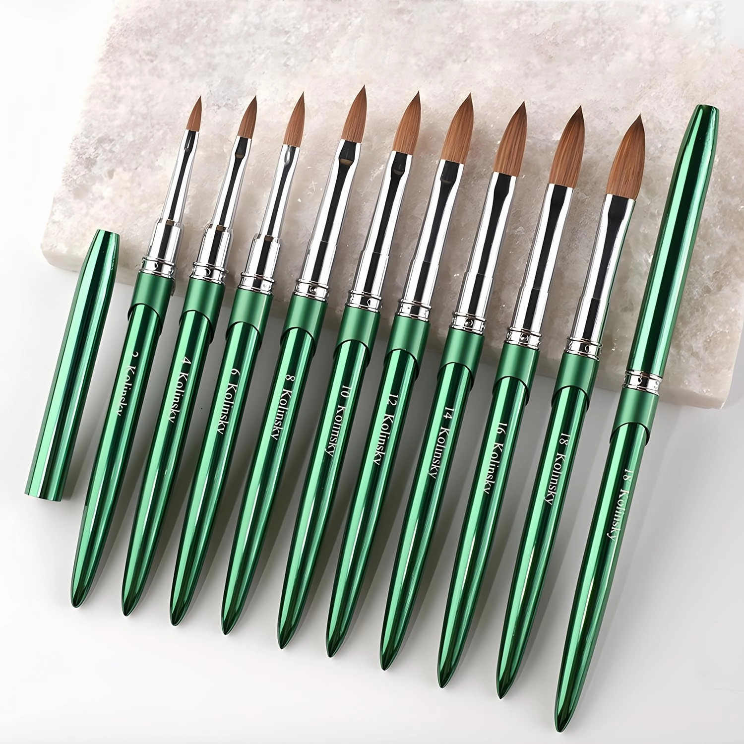 MOND'SUB Acrylic Nail Brush Size 18,100% Pure Kolinsky Nail Art Brushes for Acrylic Application, Green Metal Sturdy Handle Oval Shaped Acrylic Powder Nail Design Tools for Professional Manicure DIY