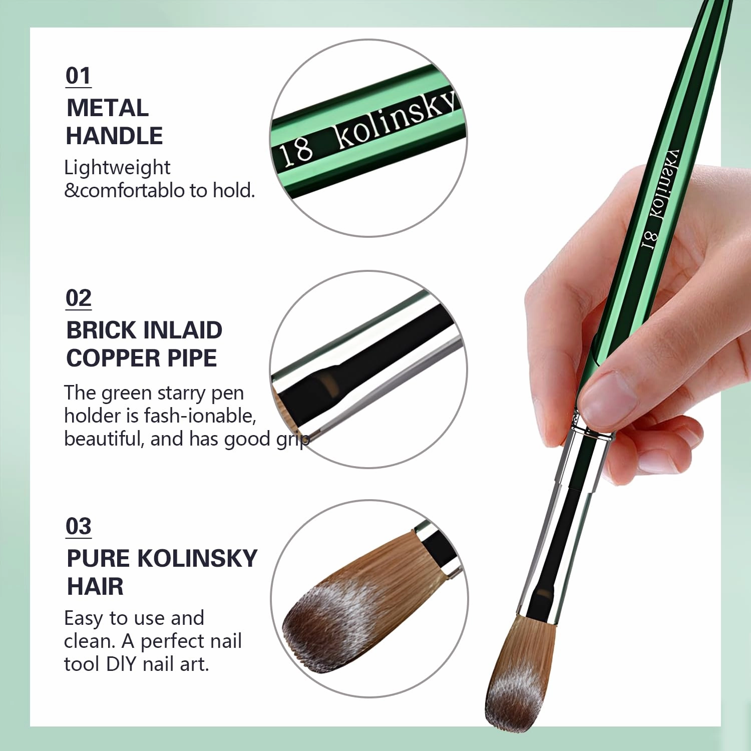 MOND'SUB Acrylic Nail Brush Size 18,100% Pure Kolinsky Nail Art Brushes for Acrylic Application, Green Metal Sturdy Handle Oval Shaped Acrylic Powder Nail Design Tools for Professional Manicure DIY