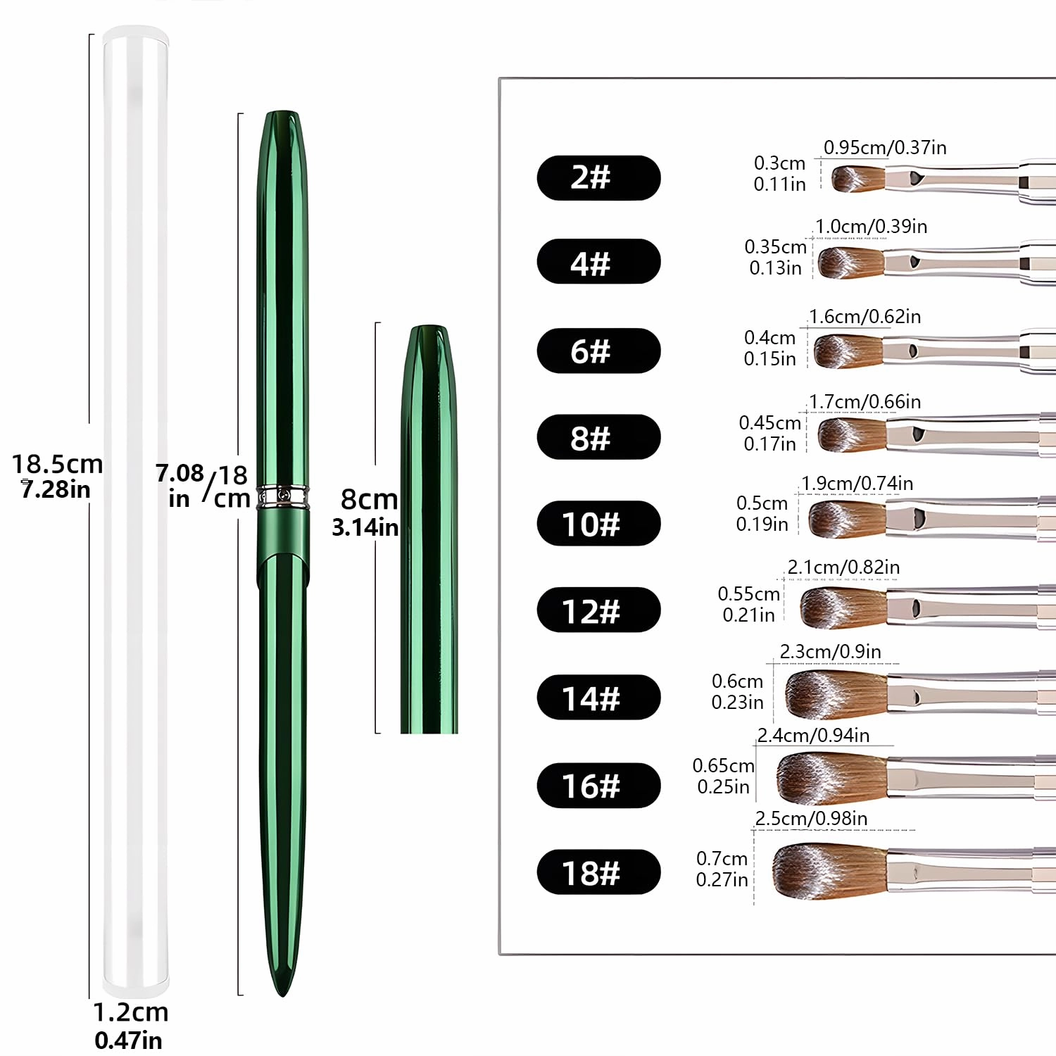 MOND'SUB Acrylic Nail Brush Size 18,100% Pure Kolinsky Nail Art Brushes for Acrylic Application, Green Metal Sturdy Handle Oval Shaped Acrylic Powder Nail Design Tools for Professional Manicure DIY