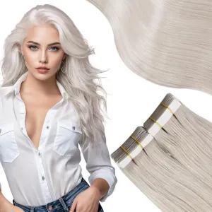 Moresoo Tape in Hair Extensions Human Hair Hair Extensions White Blonde Hair Extensions Real Human Hair Glue in Blonde Silky Straight Hair 18 Inch #60A 20Pcs 50G