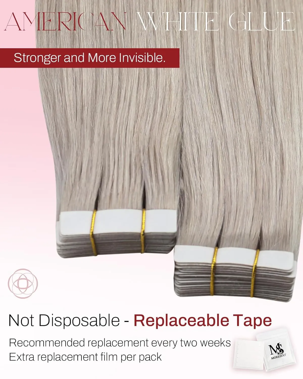 Moresoo Tape in Hair Extensions Human Hair Hair Extensions White Blonde Hair Extensions Real Human Hair Glue in Blonde Silky Straight Hair 18 Inch #60A 20Pcs 50G