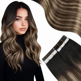 Moresoo Tape in Hair Extensions Human Hair 20 Inch Silky Long Straight Fashion Balayage Color #1B/4/14 Black to Dark Brown with Golden Blonde 20Pcs 50G