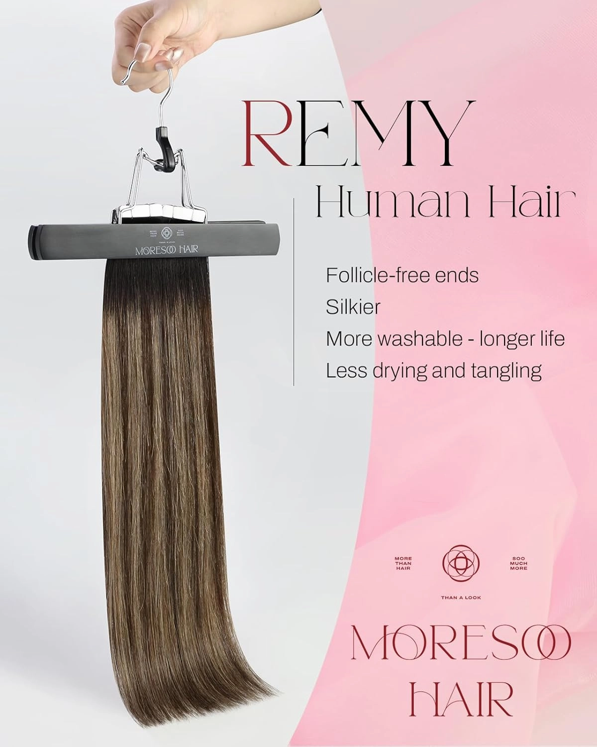 Moresoo Tape in Hair Extensions Human Hair 20 Inch Silky Long Straight Fashion Balayage Color #1B/4/14 Black to Dark Brown with Golden Blonde 20Pcs 50G