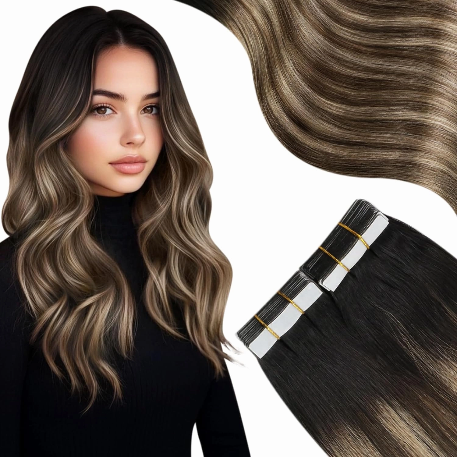 Moresoo Tape in Hair Extensions Human Hair 20 Inch Silky Long Straight Fashion Balayage Color #1B/4/14 Black to Dark Brown with Golden Blonde 20Pcs 50G