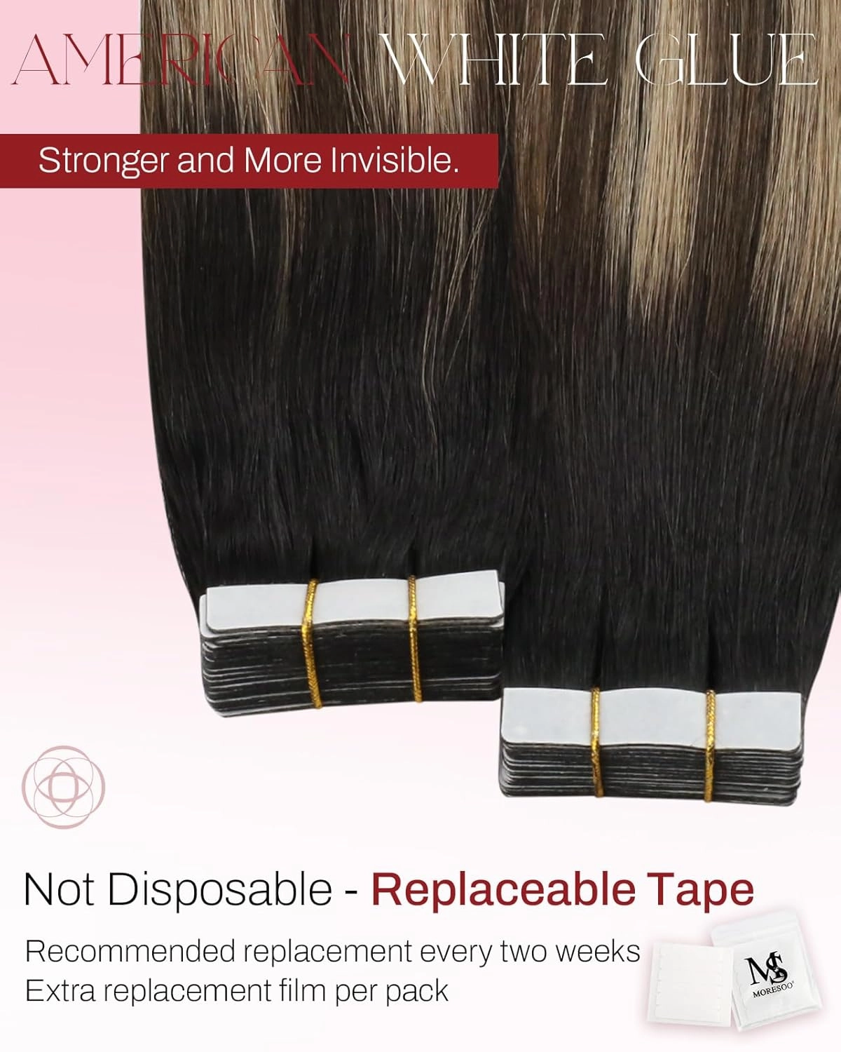 Moresoo Tape in Hair Extensions Human Hair 20 Inch Silky Long Straight Fashion Balayage Color #1B/4/14 Black to Dark Brown with Golden Blonde 20Pcs 50G