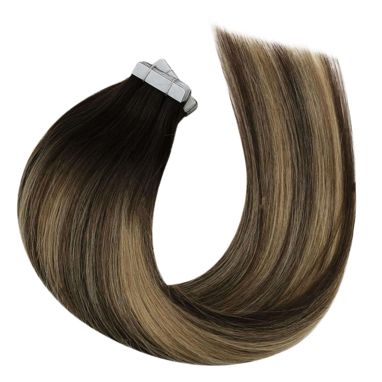 Moresoo Tape in Hair Extensions Human Hair Ombre Tape in Extensions Human Hair Balayage Brown to Caramel Blonde with Brown Hair Extensions Glue in Real Human Hair Extensions 18 Inch #4/27/4 20pcs 50g