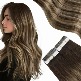 Moresoo Tape in Hair Extensions Human Hair Ombre Tape in Extensions Human Hair Balayage Brown to Caramel Blonde with Brown Hair Extensions Glue in Real Human Hair Extensions 18 Inch #4/27/4 20pcs 50g