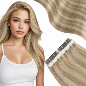 Moresoo Tape in Hair Extensions Human Hair Tape in Extensions Honey Blonde Highlighted Medium Blonde Hair Extensions Glue in Human Hair Invisible Glue in Real Hair 18 Inch #P16/22 20pcs 50g