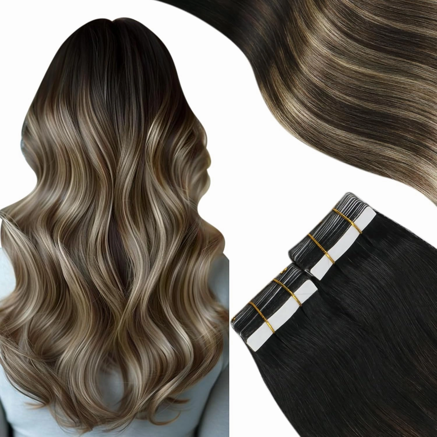 Moresoo Tape in Hair Extensions Ombre Human Hair Tape in Extensions Balayage Off Black to Brown Mix with Blonde Glue in Real Hair Extensions Human Hair Balayage 18 Inch #1B/3/27 20pcs 50g